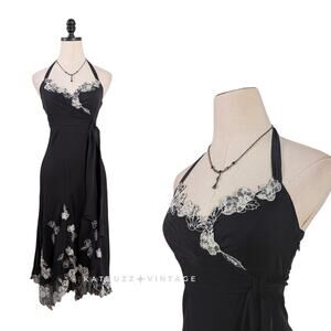 Vintage Bcbg Silk Midi Dress Gown Black S Floral Y2K White Retro Halter Ruffle